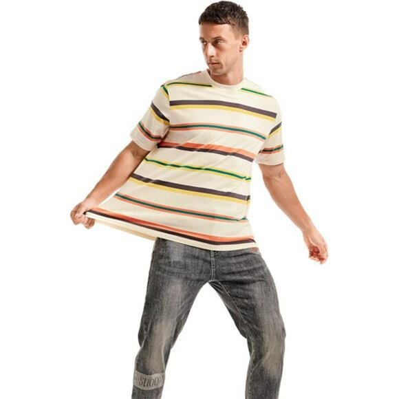 Mens Stripe T Shirt Crewneck Loose Fit Soft Cotton Stretch Casual Streetwear - Picture 4 of 7